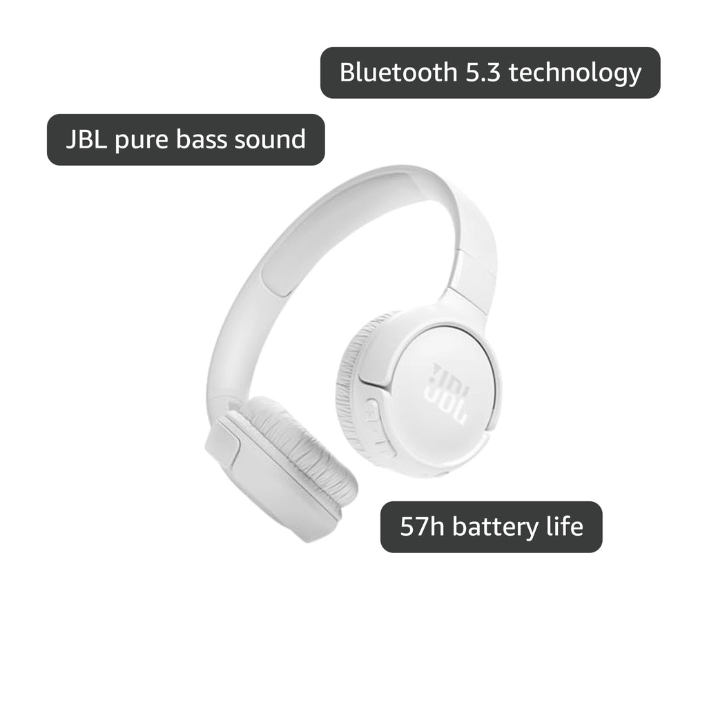 JBL Tune 520BT - Wireless On-Ear Headphones, Up to 57H Battery Life and Speed Charge, Lightweight, Comfortable and Foldable Design, Hands-Free Calls with Voice Aware (White)