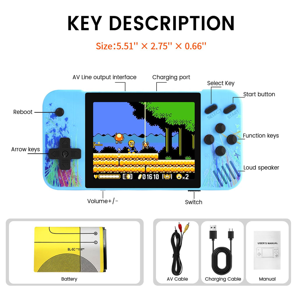 3.5" HD Screen Handheld Game -Preloaded 800 Retro Video Games, 2025 New Portable Gaming Player for Birthday Home Travel Xmas Gift (Blue)