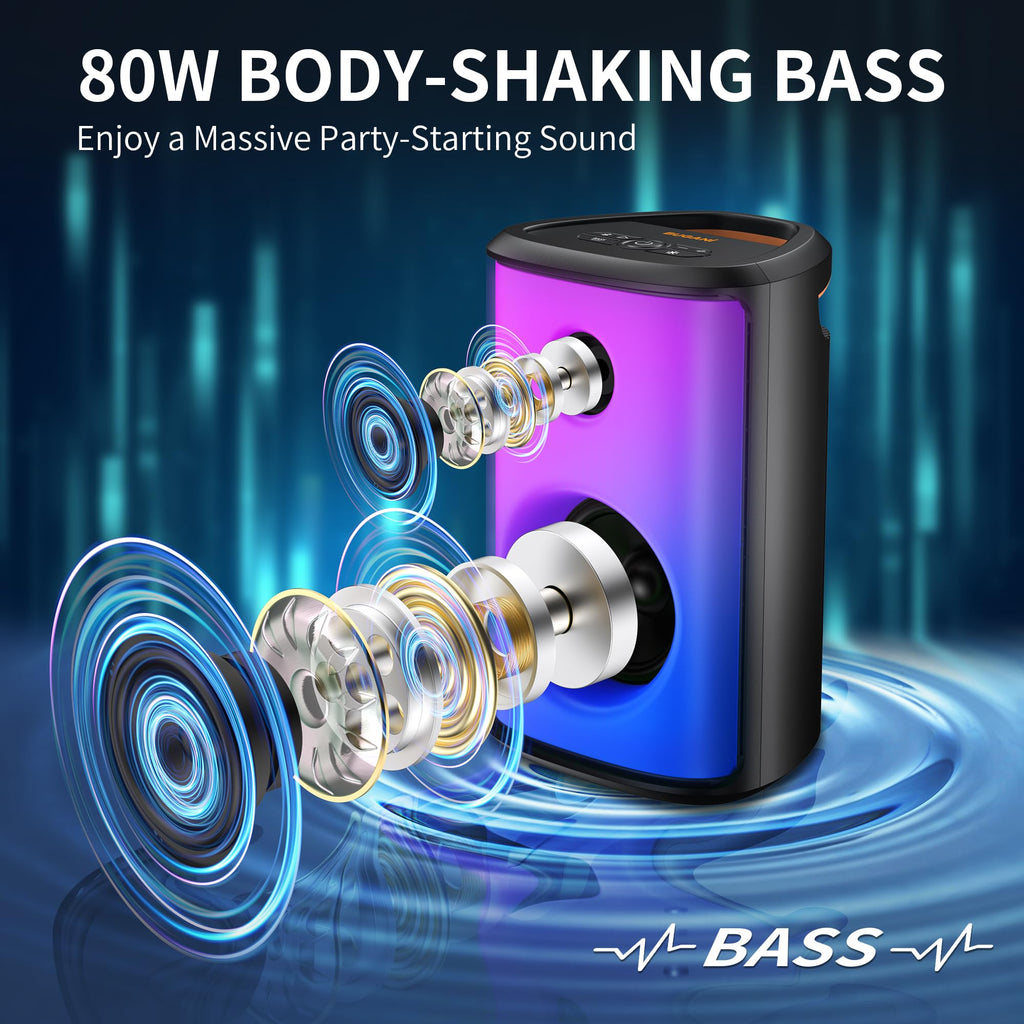 BUGANI Loud Bluetooth Speaker, 80W Portable Wireless Speakers with Punchy Bass and Loud Sound, LED Lights, 15H Playtime, IPX6 Waterproof, Support AUX/TF Card/USB, Big Party Speaker for Outdoor