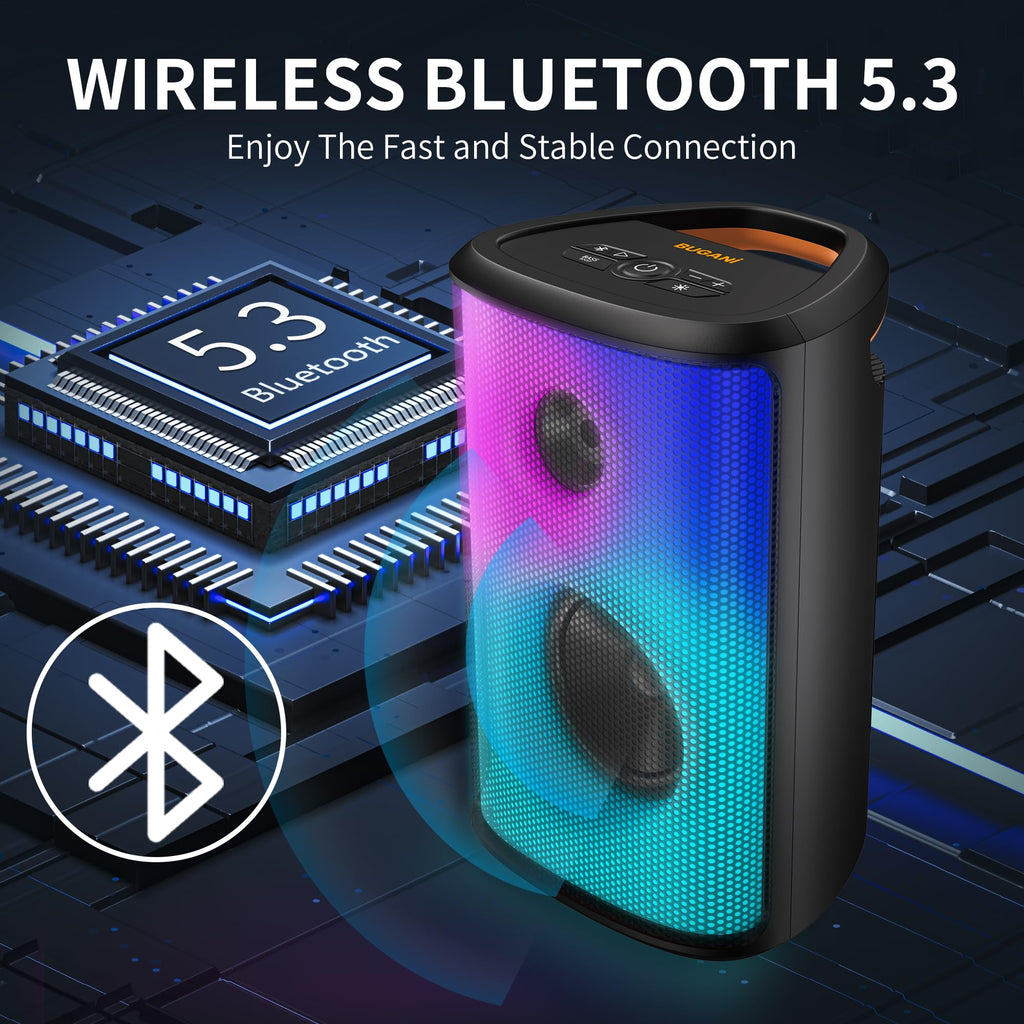 BUGANI Loud Bluetooth Speaker, 80W Portable Wireless Speakers with Punchy Bass and Loud Sound, LED Lights, 15H Playtime, IPX6 Waterproof, Support AUX/TF Card/USB, Big Party Speaker for Outdoor