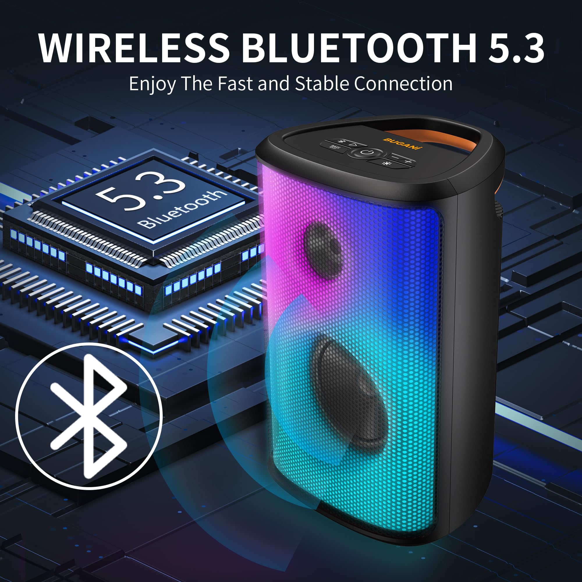 BUGANI Loud Bluetooth Speaker, 80W Portable Wireless Speakers with Punchy Bass and Loud Sound, LED Lights, 15H Playtime, IPX6 Waterproof, Support AUX/TF Card/USB, Big Party Speaker for Outdoor